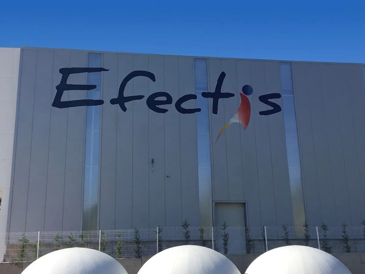 Close-up of the hand-painted Efectis logo on the grey factory wall
