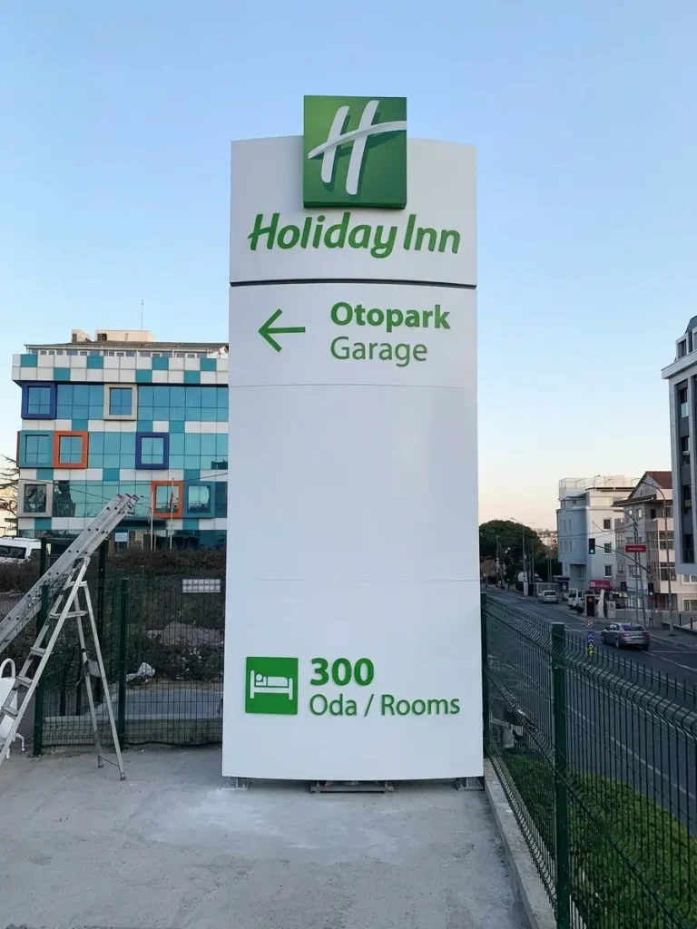 Holiday Inn pylon sign showing garage directions and 300 rooms