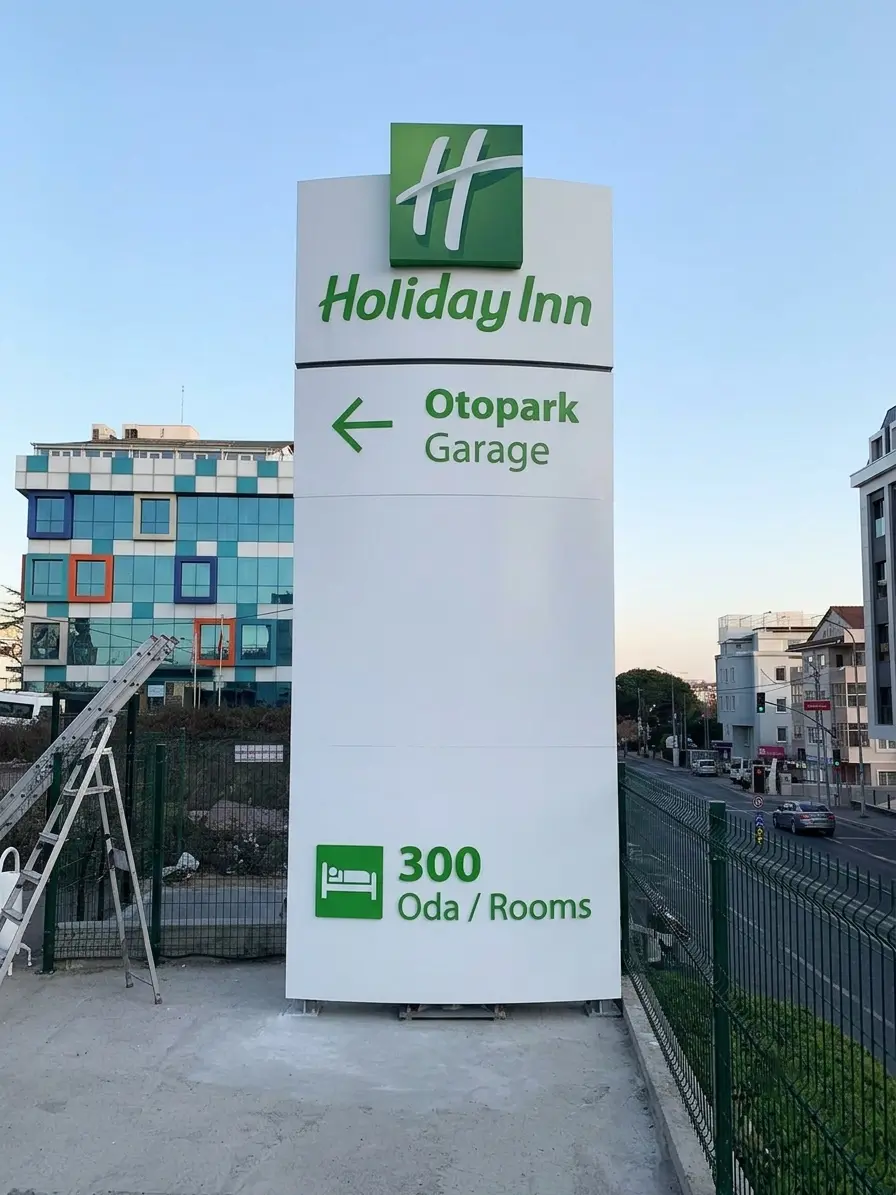 Holiday Inn pylon sign showing garage directions and 300 rooms