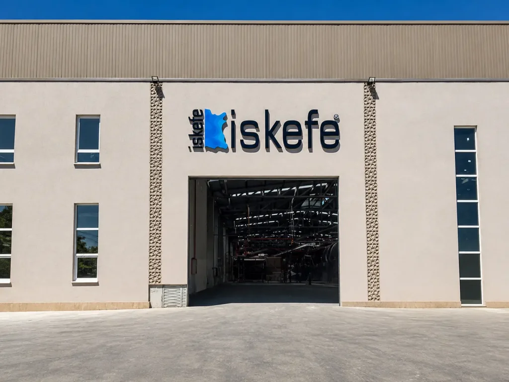 Front elevation of the İskefe industrial building with logo signage above the entrance