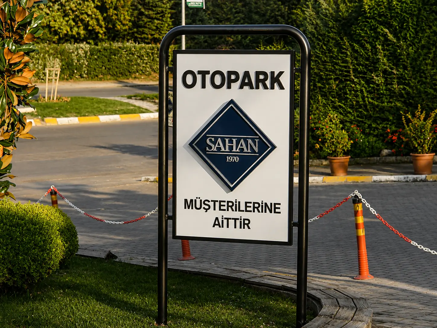 Sahan customer parking sign beside the restaurant driveway
