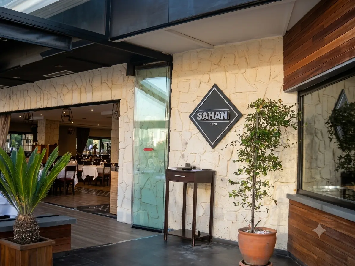Diamond-shaped Sahan logo sign beside the restaurant entrance