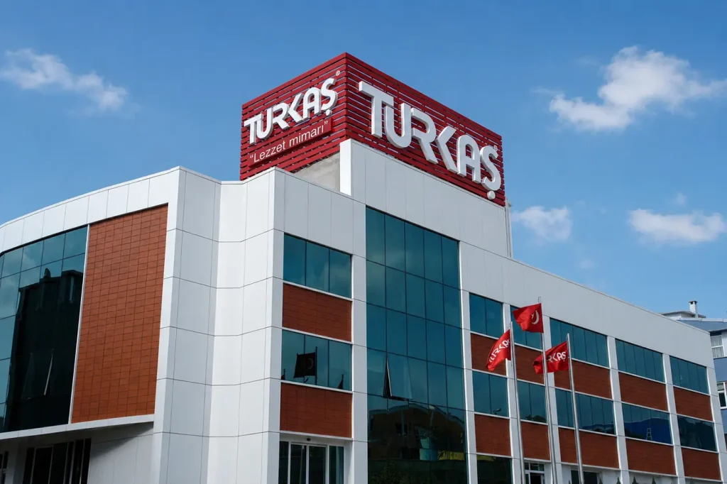 Daytime view of the Turkaş building and its two-sided rooftop sign