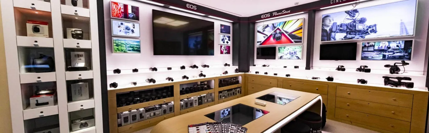 Canon Sirkeci store with illuminated EOS, PowerShot and Cinema EOS product display walls