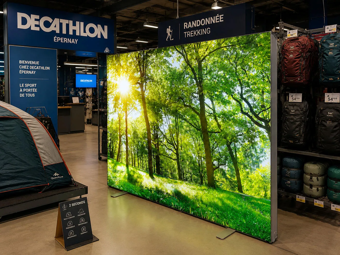 Freestanding illuminated fabric lightbox at Decathlon Épernay in France