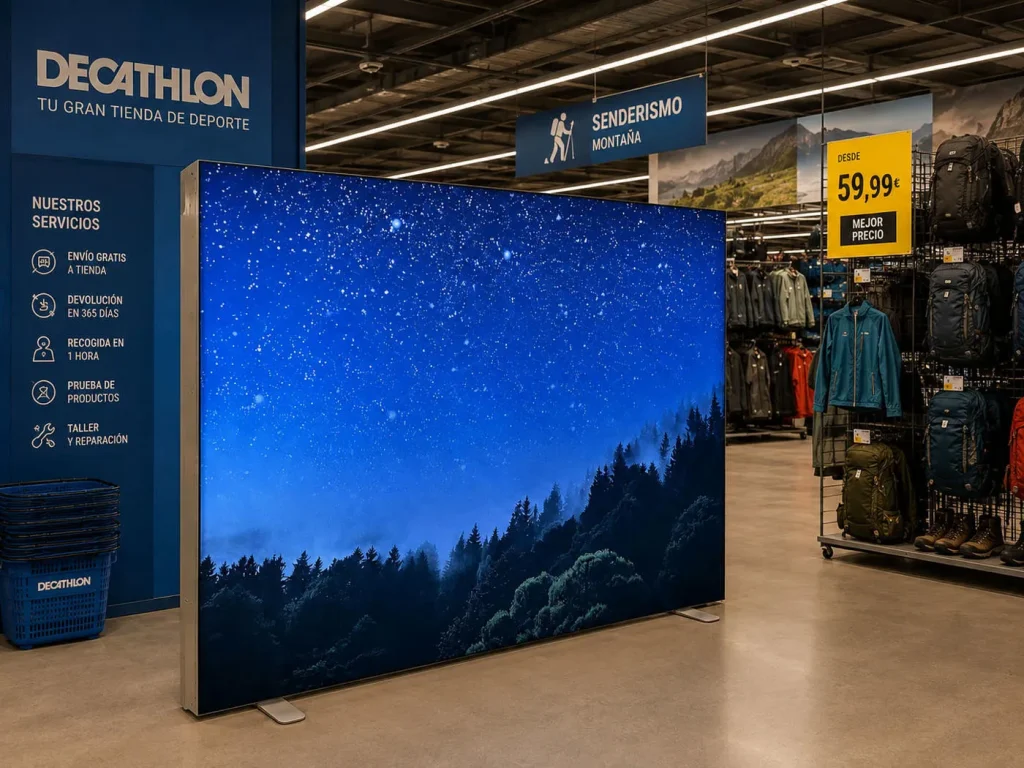 Freestanding LED lightbox installed inside a Decathlon store in Spain