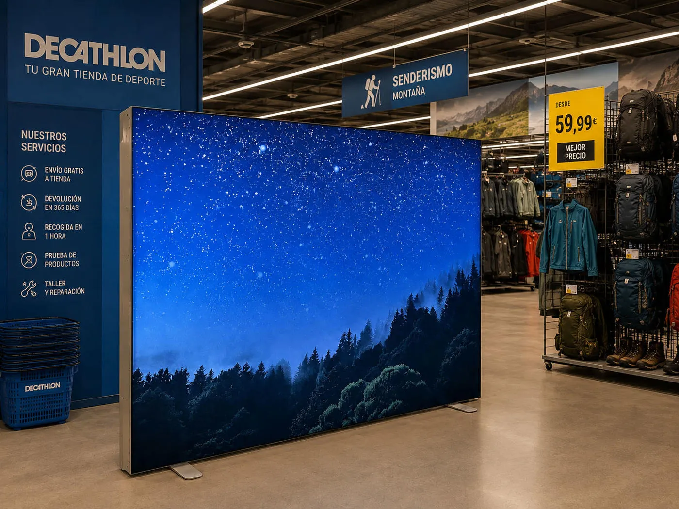Freestanding LED lightbox installed inside a Decathlon store in Spain