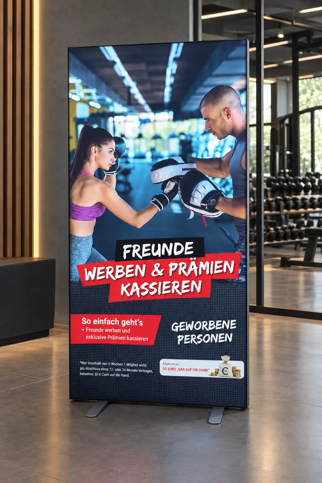 Freestanding fitness campaign lightbox supported by two metal feet
