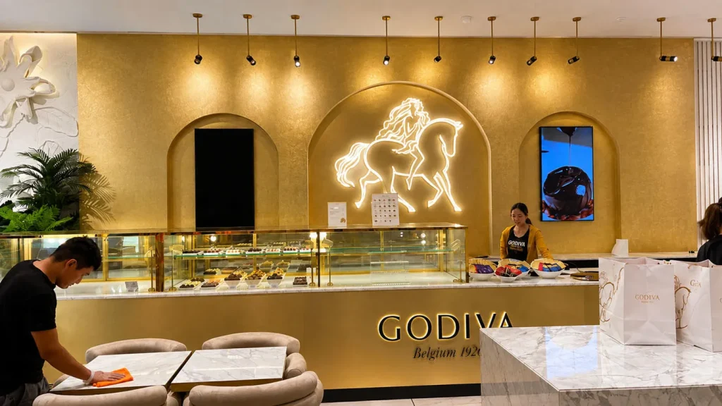 Godiva Café interior with an illuminated horse emblem and backlit counter signage