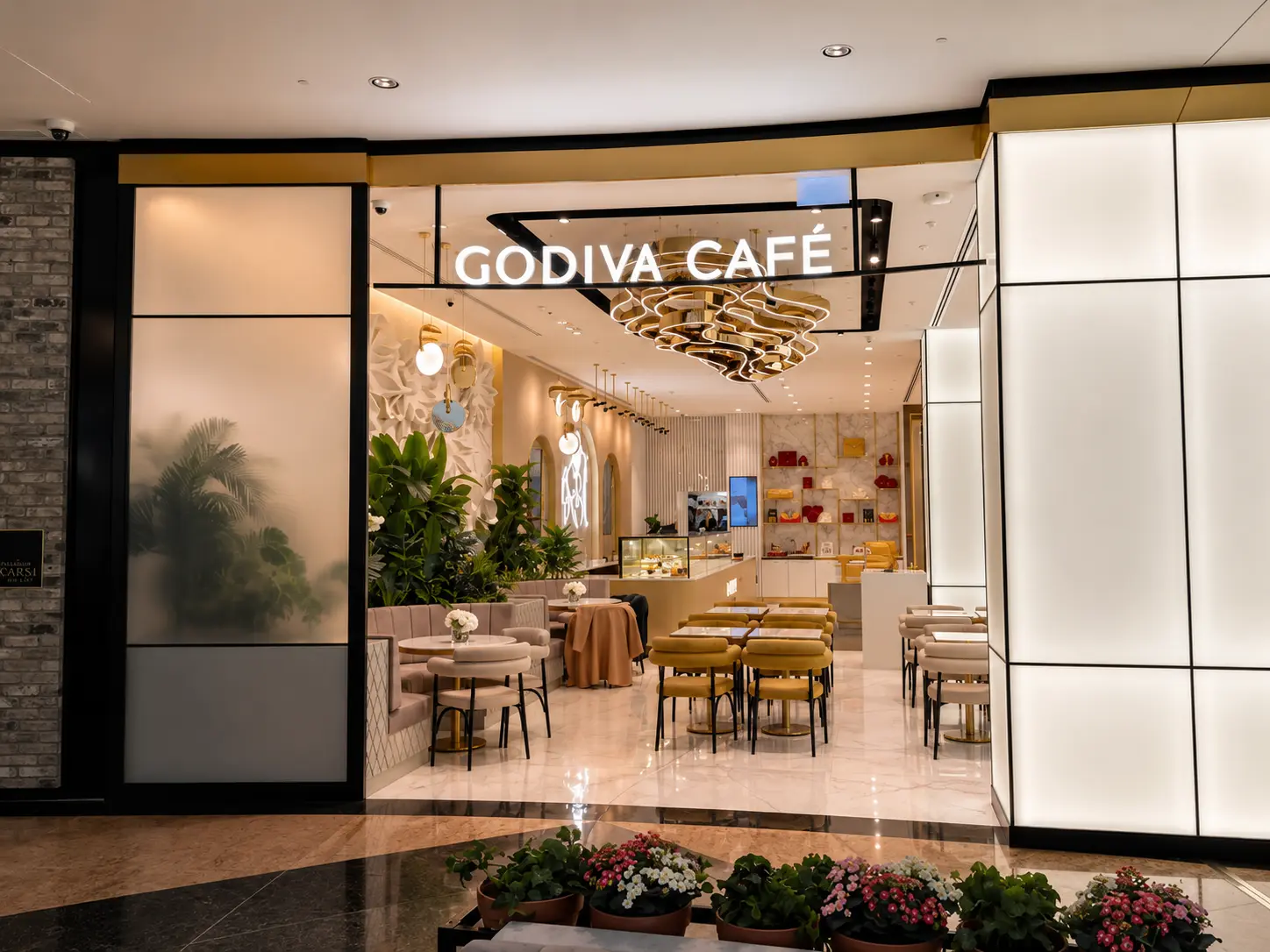 Godiva Café storefront featuring illuminated aluminium letters with acrylic faces