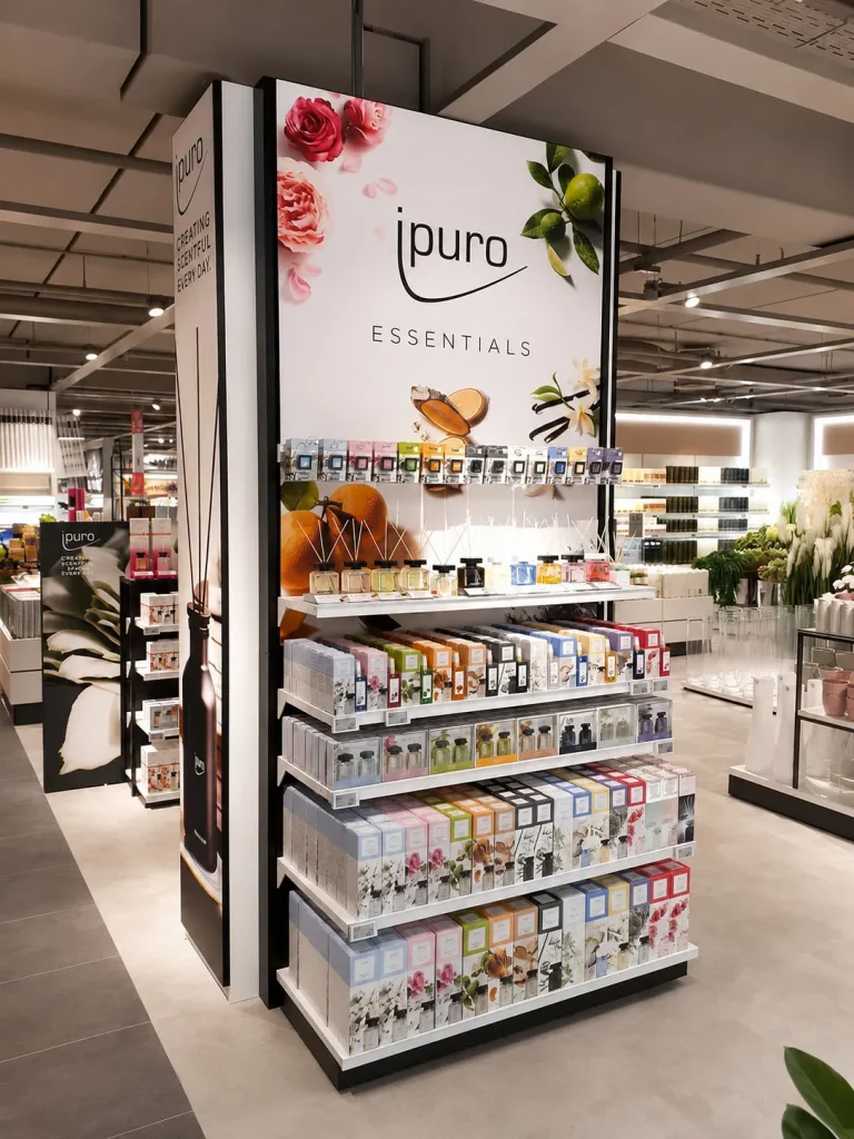 Illuminated iPuro retail display showcasing home fragrance products in store