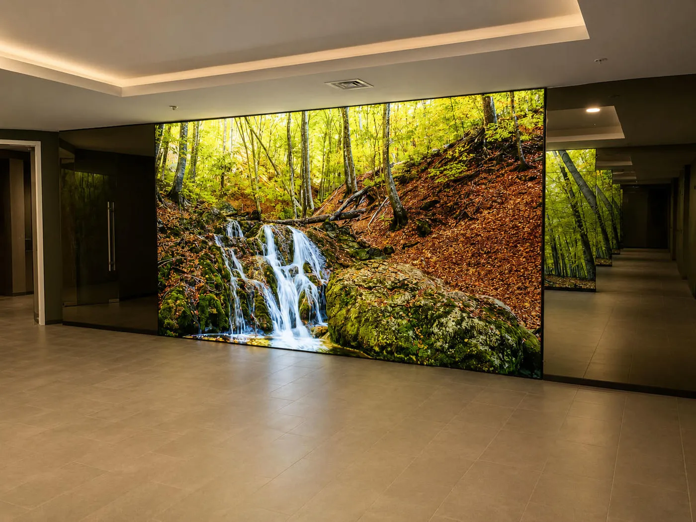 Illuminated waterfall wall graphic installed at Körfez Termal in Balıkesir