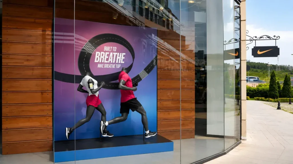 Nike Built to Breathe campaign window display with running mannequins