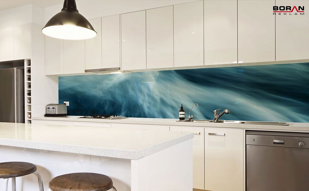 Decorative printed glass backsplash with a custom graphic