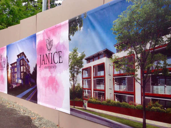 Printed mesh banner samples showing colour and perforated surface