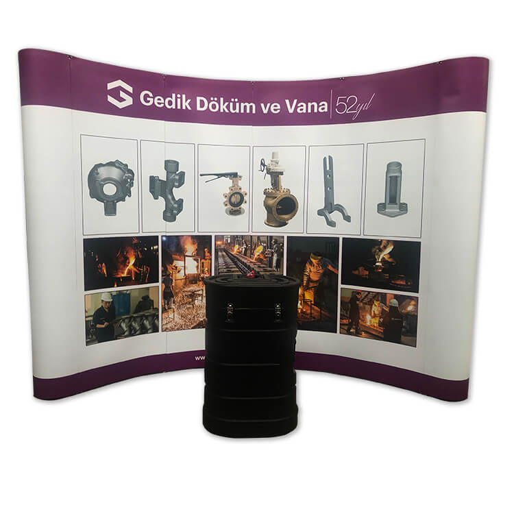 Curved pop-up display with printed exhibition graphics